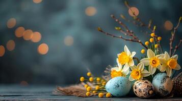 AI generated Daffodil Bouquet and Eggs on Table photo