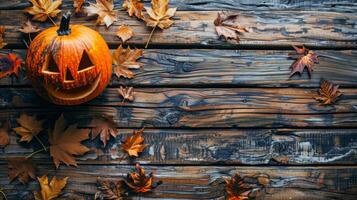 AI generated Carved Pumpkin on Wooden Table photo