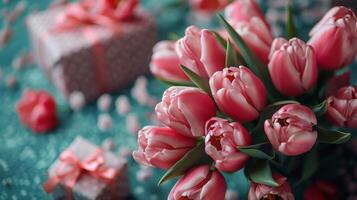 AI generated Pink Tulips and Wrapped Presents photo