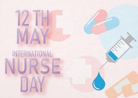 Lettering of International Nurse Day in violet and icon object about nursing on cross and circle with pink background. All in poster vector design of International Nurse Day.