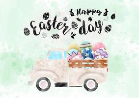 Retro truck delivery Easter eggs in watercolors style with wording of Easter day in watercolor style on light green background. vector