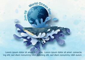 Concept poster campaign of world ocean day in paper cut and watercolors style with whale jumping water image, example texts on blue watercolor background. vector