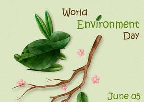 Leaves made in a rabbit shape with tree branch and wording of world environment day on green background. Concept poster's campaign of World environment day in watercolors style and vector design.