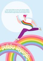 lgbt personas en dibujos animados personaje corriendo en arco iris con orgullo mes letras, ejemplo textos en azul antecedentes. póster de lgbt orgullo mes en vector diseño