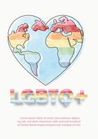 World map in line art and heart shape with rainbow colors and wording of LGBTQ, example texts on white paper pattern background.  Poster of LGBT Pride month in vector design