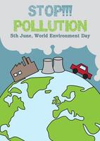 Slogan and the name of World Environment Day campaign on smoke pollution with factory, nuclear reactor and one red car on earth and blue background. Poster design in vector and cartoon style.