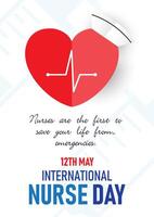 Red heart and pulse with the day, name of event on white banner and nurse hat, medicine capsules, syringe and world map background. All in poster vector design of International Nurse Day.