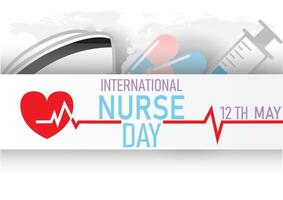 Red heart and pulse with the day, name of event on white banner and nurse hat, medicine capsules, syringe and world map background. All in poster vector design of International Nurse Day.