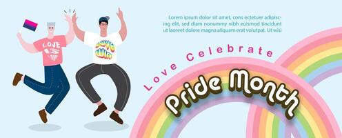 LGBT People in cartoon character celebrating in the Pride month with rainbow scene with example texts on blue background. Poster of LGBT Pride month in vector design