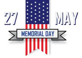 The day and name letters of Memorial day on ribbon and U.S.A. flag with shadows on white background. All in vector design.