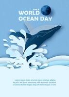 whale jumping the ocean with splashing water and wording of ocean day on blue paper pattern background. Concept poster campaign of world ocean day in paper cut style and vector design.