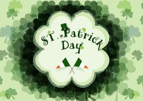 St. Patrick's day lettering with tiny high hat of The Leprechaun and small Irish flag. All on white silhouette clover leaf and shamrock plant pattern background. vector