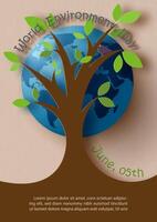 Origami and paper cut in tree shape with giant global and wording of world environment day on light brown background. Poster campaign of world environment day in paper cut style and vector design.