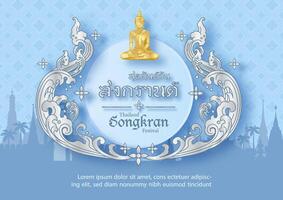 Poster design of Thailand Songkran festival in traditional silver Thai pattern style with golden Buddha statue, the name of event on blue Thai pattern and landscape background. vector