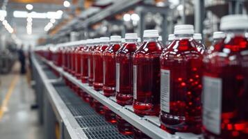 AI generated Bottles Filled With Liquid on Conveyor Belt photo