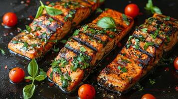 AI generated Close Up of Fresh Salmon Cooking on Pan photo