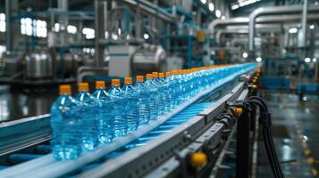 AI generated Bottles Filled With Liquid on Conveyor Belt photo