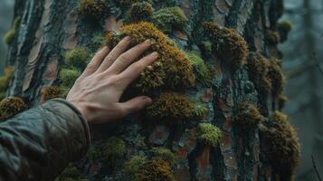 AI generated Hand Resting on Moss Covered Tree photo