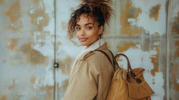 AI generated Woman Standing With Shoulder Bags by Blue Wall photo