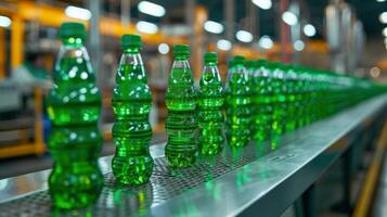 AI generated Bottles Filled With Liquid on Conveyor Belt photo