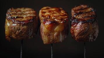 AI generated Three Steaks Grilling With Fork photo