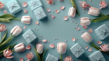 AI generated Pink Tulips and Wrapped Presents photo