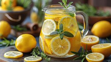 ai generado refrescante lanzador de agua con limones y Romero foto