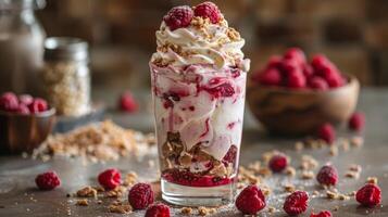 AI generated Dessert With Whipped Cream and Raspberries photo