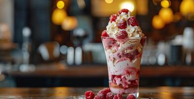 AI generated Dessert With Whipped Cream and Raspberries photo