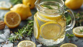 AI generated Refreshing Pitcher of Water With Lemons and Rosemary photo