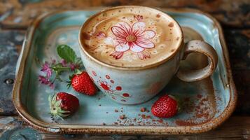 AI generated Cappuccino With Strawberries on Tray photo