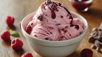 AI generated Bowl of Ice Cream With Raspberries on Top photo