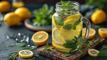 ai generado refrescante lanzador de agua con limones y Romero foto