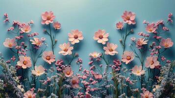 AI generated Row of Colorful Flowers on Blue Background photo