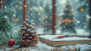 AI generated Pine Cone and Book on Table photo