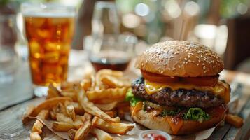 ai generado hamburguesa con queso y francés papas fritas en mesa foto