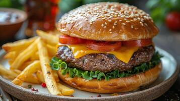 ai generado hamburguesa con queso y papas fritas en plato foto