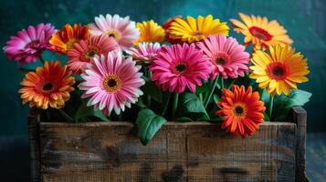 ai generado vistoso flores en de madera caja foto