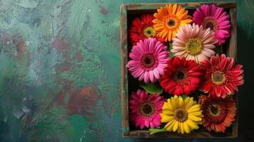 ai generado vistoso flores en de madera caja foto