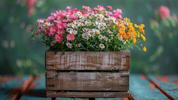 ai generado vistoso flores en de madera caja foto