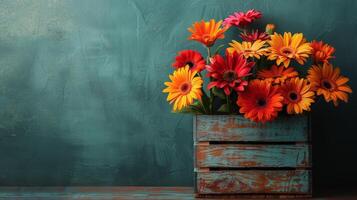 ai generado vistoso flores en de madera caja foto