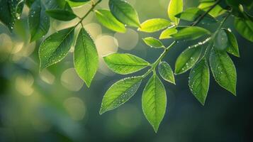 ai generado Fresco verde hojas con agua gotas foto