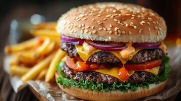 ai generado hamburguesa con queso y francés papas fritas en mesa foto