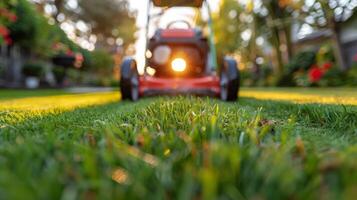 AI generated Red Lawn Mower on Lush Green Field photo