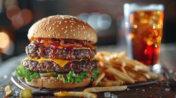 AI generated Cheeseburger and French Fries on Table photo