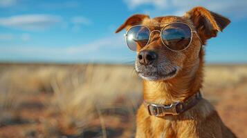 ai generado marrón perro vistiendo Gafas de sol en campo foto