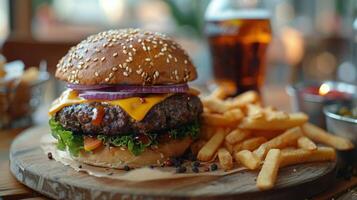 ai generado hamburguesa con queso y papas fritas en plato foto