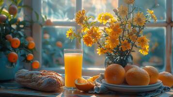 AI generated Wooden Table With Fruits and Glass of Orange Juice photo