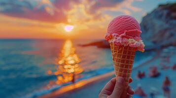 AI generated Person Holding Ice Cream Cone at Ocean photo