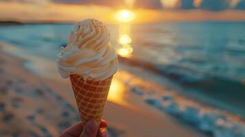AI generated Person Holding Ice Cream Cone at Ocean photo